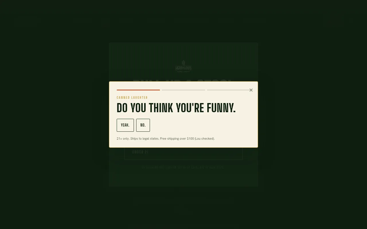 Herb & Lou’s website 21+ entry screen