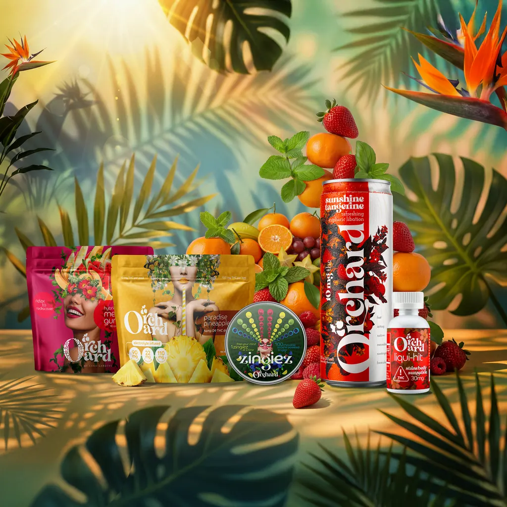 Orchard product lineup: gummies, drink mix, tablets and a sunshine tangerine can