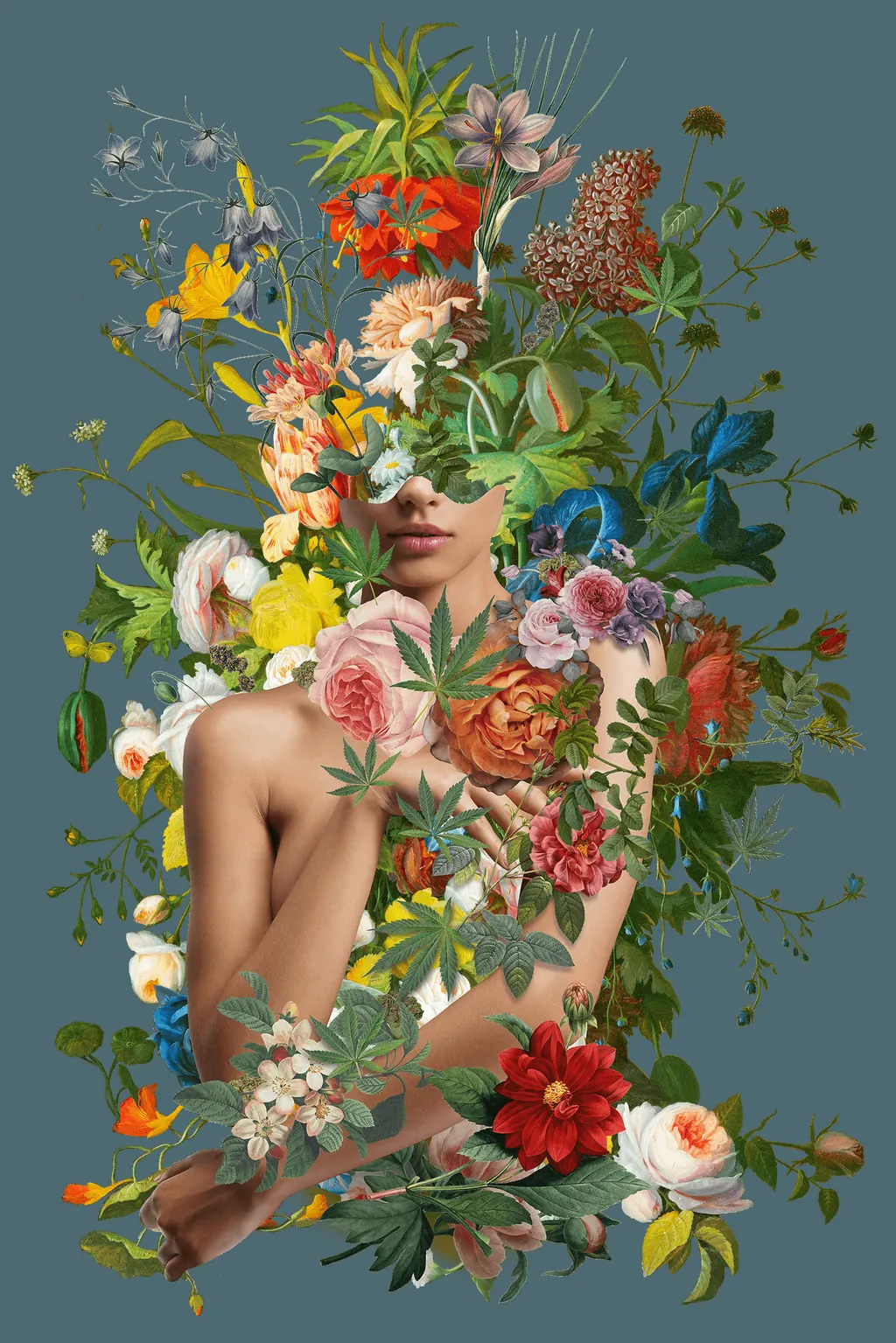 Sano Gardens brand artwork: a figure wrapped in botanical flowers