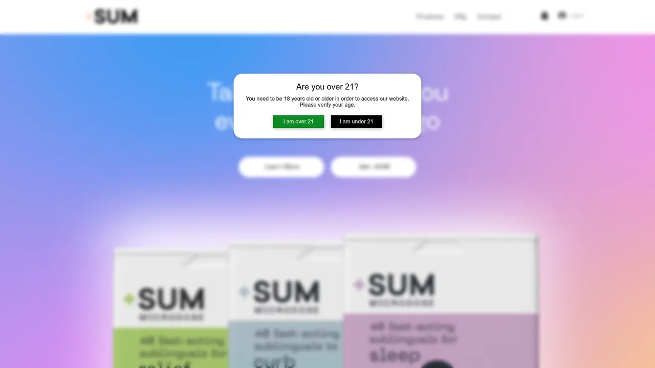 SUM Microdose website age-check screen over the product tins
