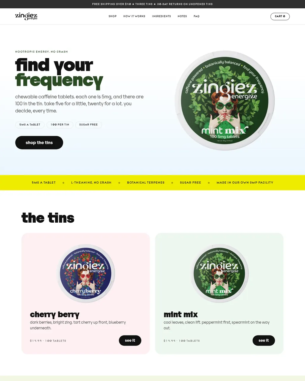 Zingiez homepage: find your frequency, with the mint mix tin